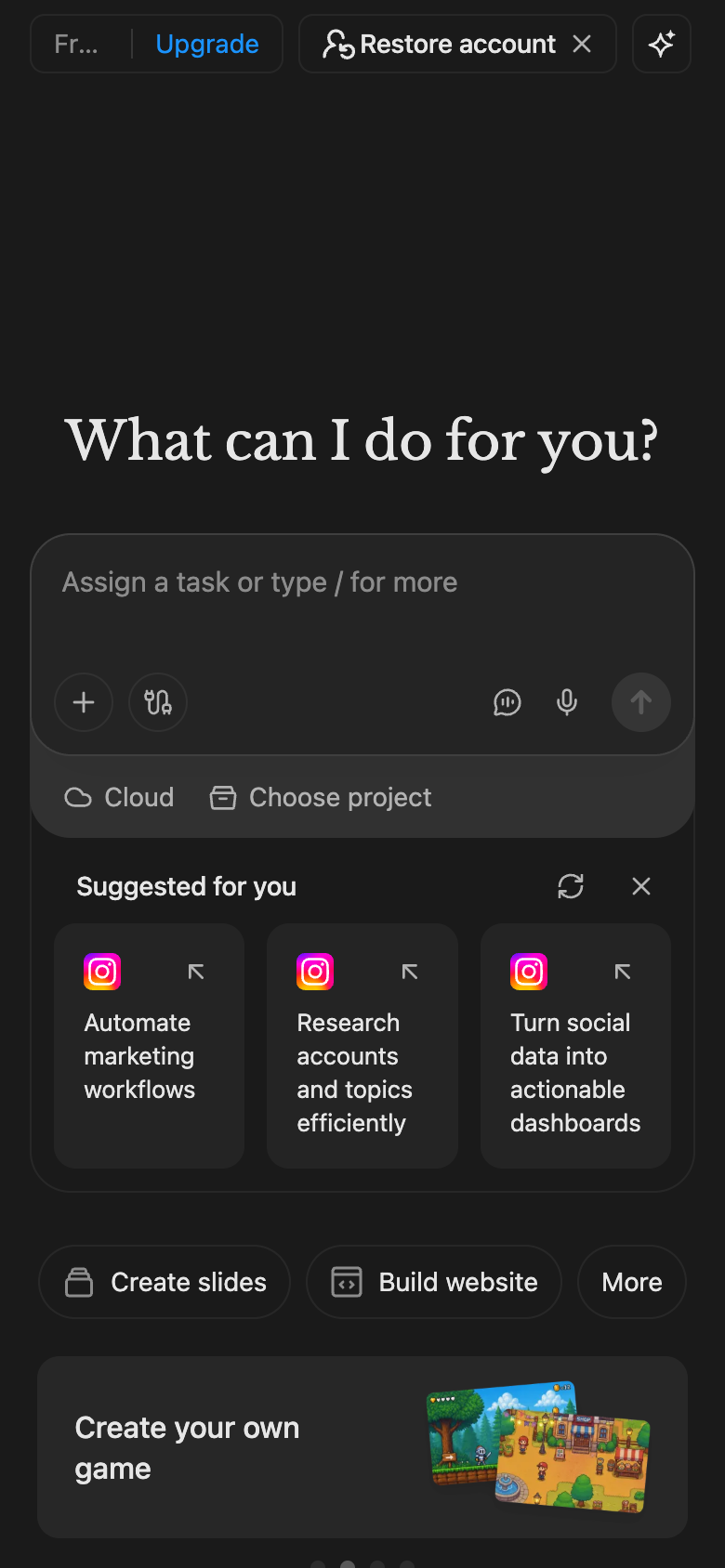 Manus mobile interface, week of September 28, 2026