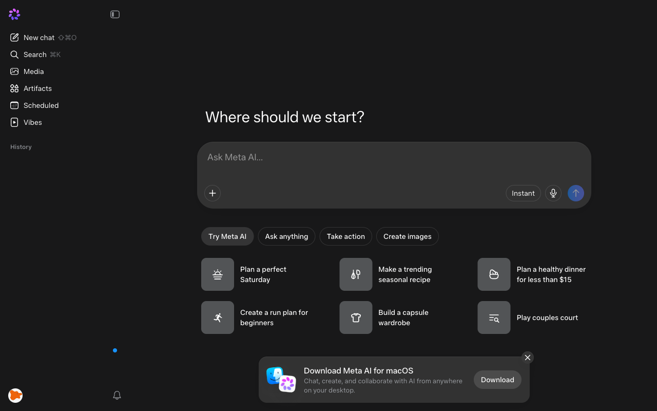 Meta AI desktop interface, week of September 28, 2026