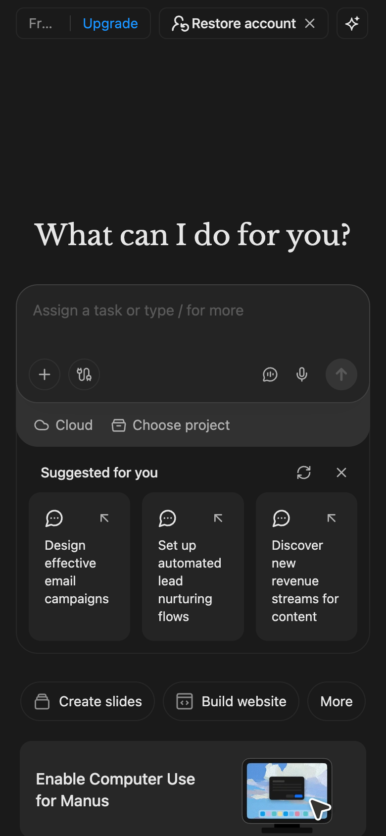 Manus mobile interface, week of October 5, 2026