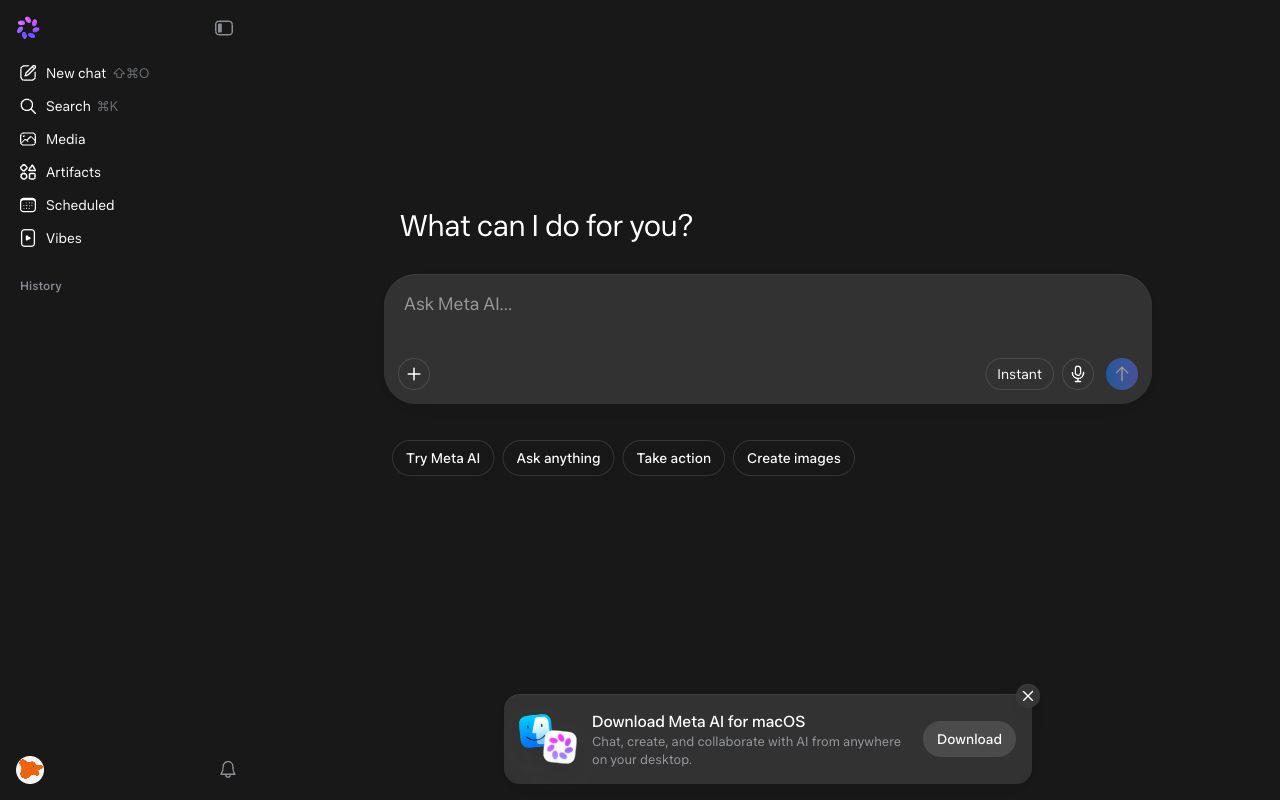 Meta AI desktop interface, week of October 5, 2026